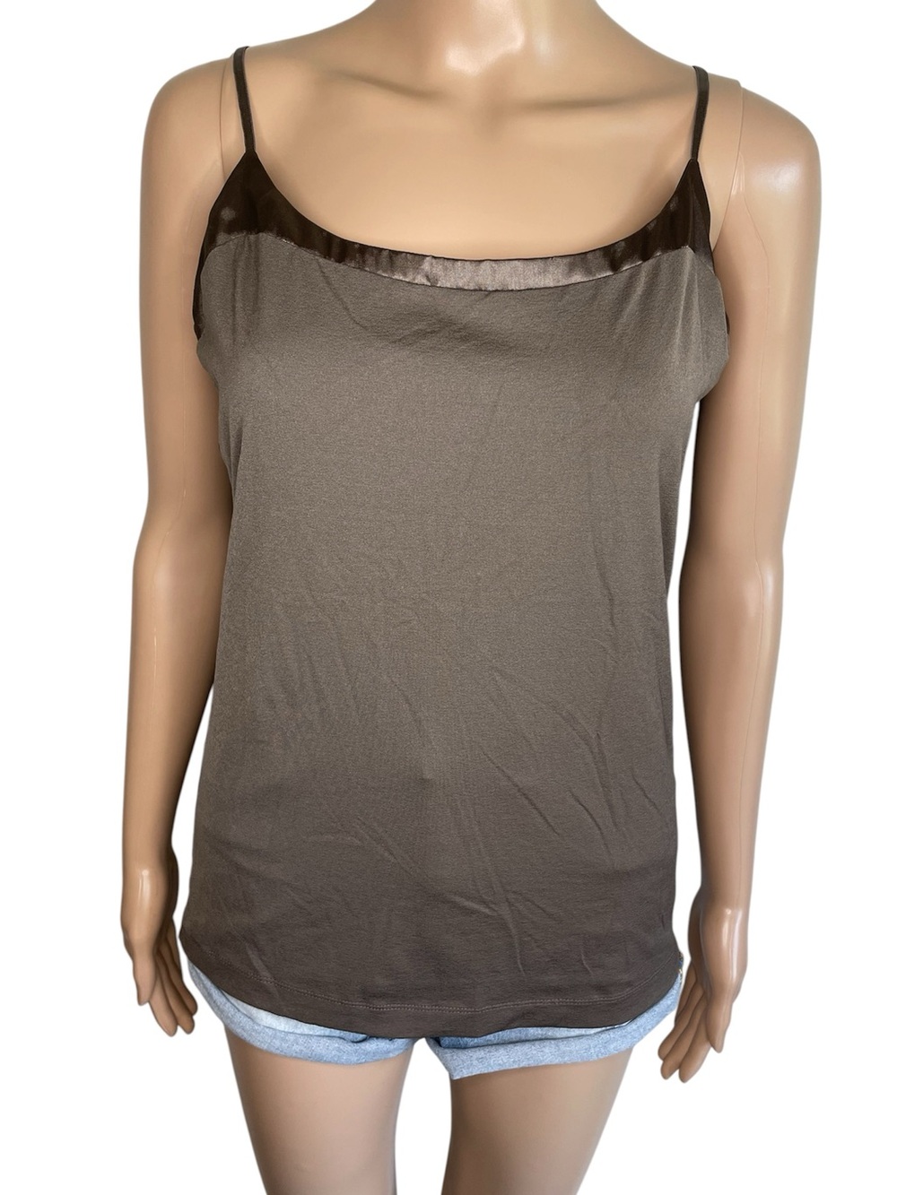 Banana Republic Stretchy Solid Brown Satin-Trim Spaghetti Strap Tank Top